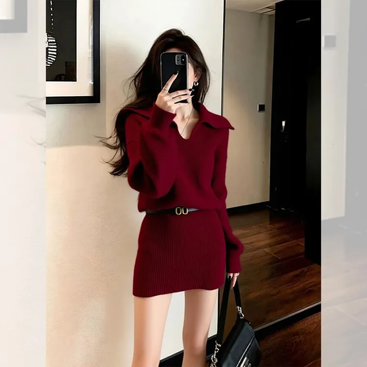 高贵气质裙子秋冬款漂亮出片衣服女装圣诞穿搭针织红色包臀连衣裙