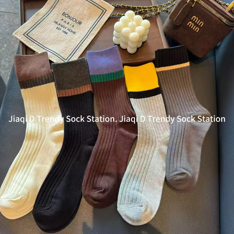 韩国东大门袜子女中筒柠檬黄撞色袜口潮色拼接复古堆堆袜
