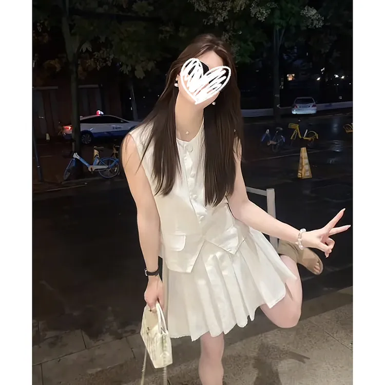 2025夏季老钱风无袖开衫马甲上衣减龄花边高腰百褶裙套装