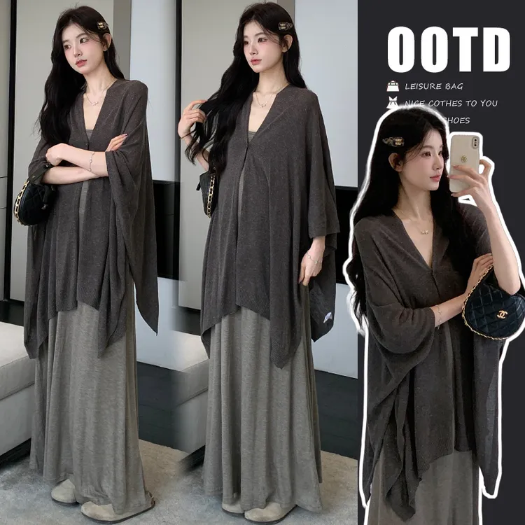 高级感气质孕妇秋装时尚宽松显瘦针织毛衣披肩洋气孕妈吊带连衣裙