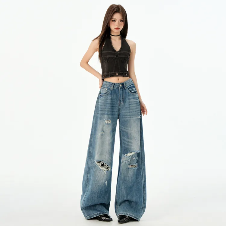 2025年美式复古破洞牛仔裤女宽松水洗直筒裤休闲拖地裤长裤子蓝色