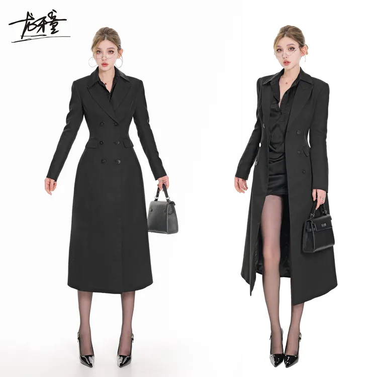 龙牙童推荐【人气女idol长款】英伦风双排扣高级感收腰气质长款大衣