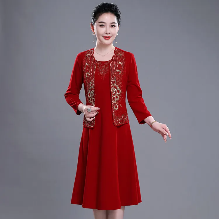 春秋女高档红色结婚两件套喜婆婆喜妈妈婚宴礼服套装裙婚礼连衣裙