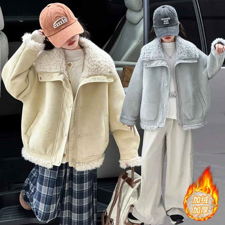 女童秋冬装加绒加厚外套2025新款洋气儿童皮毛一体保暖上衣6-13岁