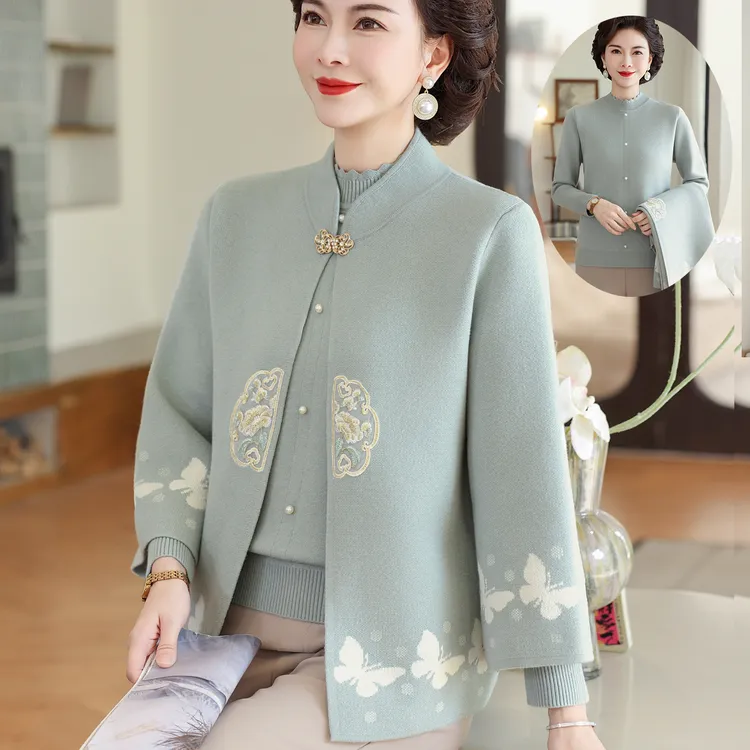 妈妈秋装国风针织两件套中年女士开衫婚礼上衣服老年人新中式外套