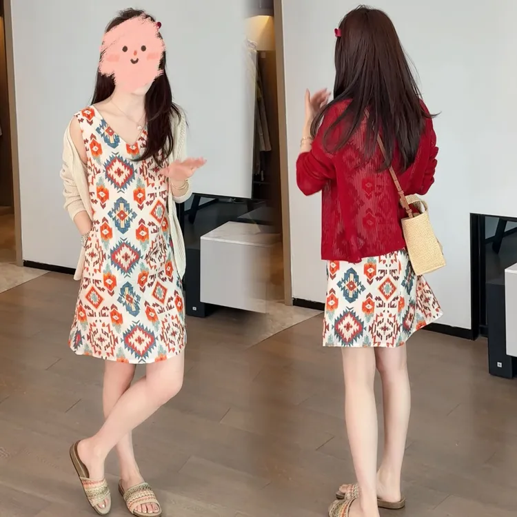 2025夏季法式名媛高级感女神范端庄大气印花连衣裙女韩版披肩套装