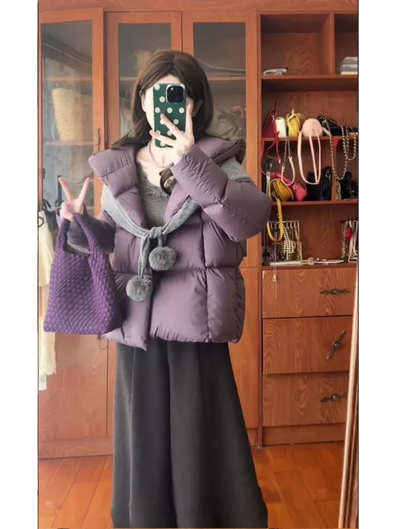 法式高级感穿搭一整套女秋冬季气质紫色棉服外套高腰休闲裤两件套