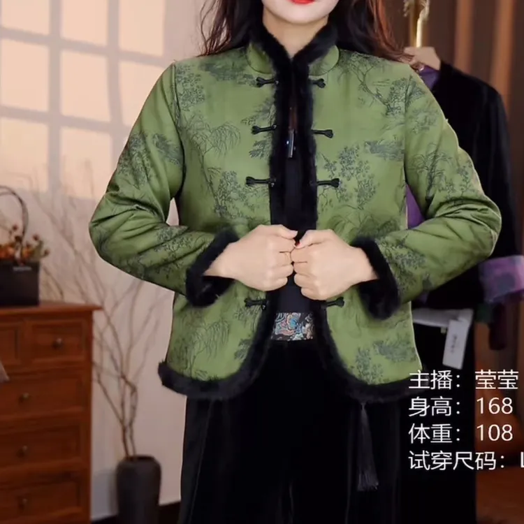 [松绿软烟]加棉新中式立体山水画正肩显瘦加厚棉服外套