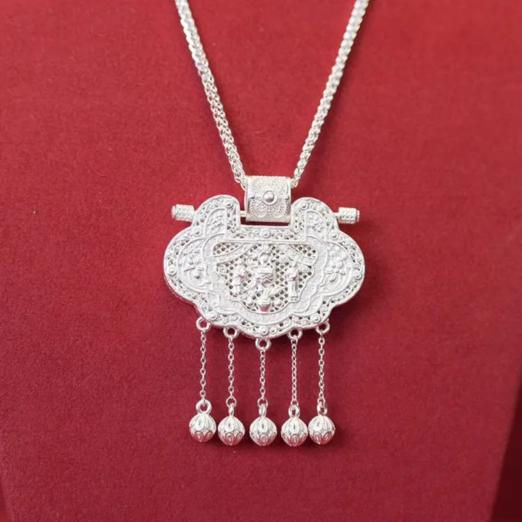 吊坠足银 足银999天子门生锁链吊坠男女纯银项链龙凤流苏平安锁