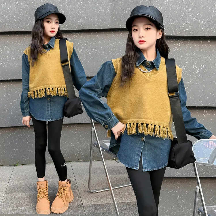 77童装春季女童毛线马甲牛仔衬衫两件套中大童洋气儿童时尚套装潮