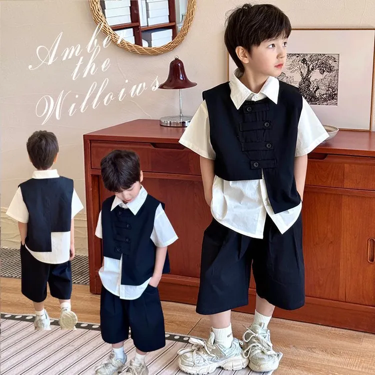 男童夏装套装2025新款中大童夏季男孩演出礼服儿童西装马甲三件套