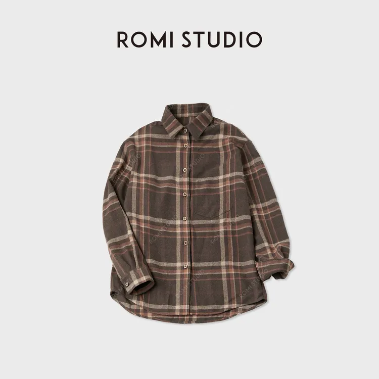ROMI STUDIO“随性复古”全棉色织格纹工字褶翻领衬衫 RWCAS65456