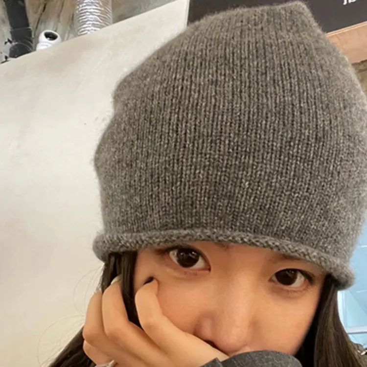 晴子  人鱼同款ins风羊毛针织冷帽经典百搭超显脸小卷边堆堆帽