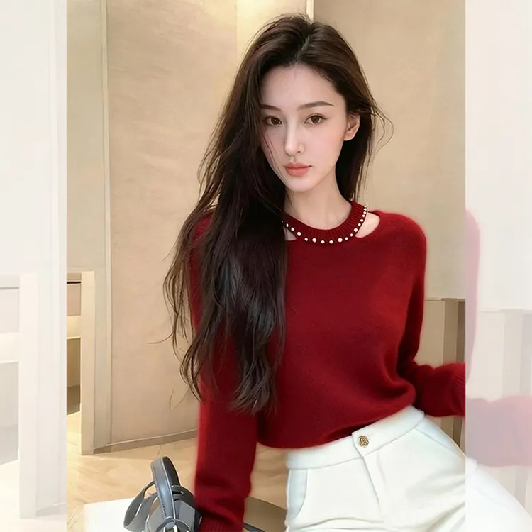 独特漂亮内搭红色挂脖镂空烫钻针织小衫毛衣女装秋冬洋气高贵上衣