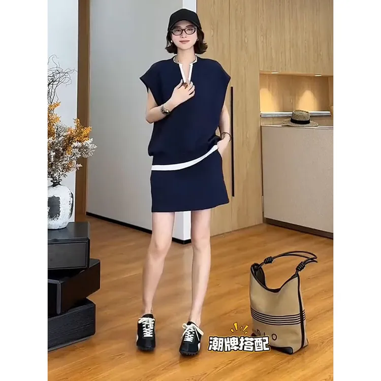 时尚套装假两件V领T恤裤裙2025夏季新款舒适百搭休闲减龄两件套装