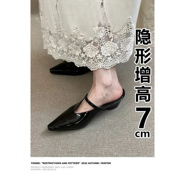 软皮版~内增高一字带高跟包头半拖鞋女外穿夏季小个子尖头穆勒鞋