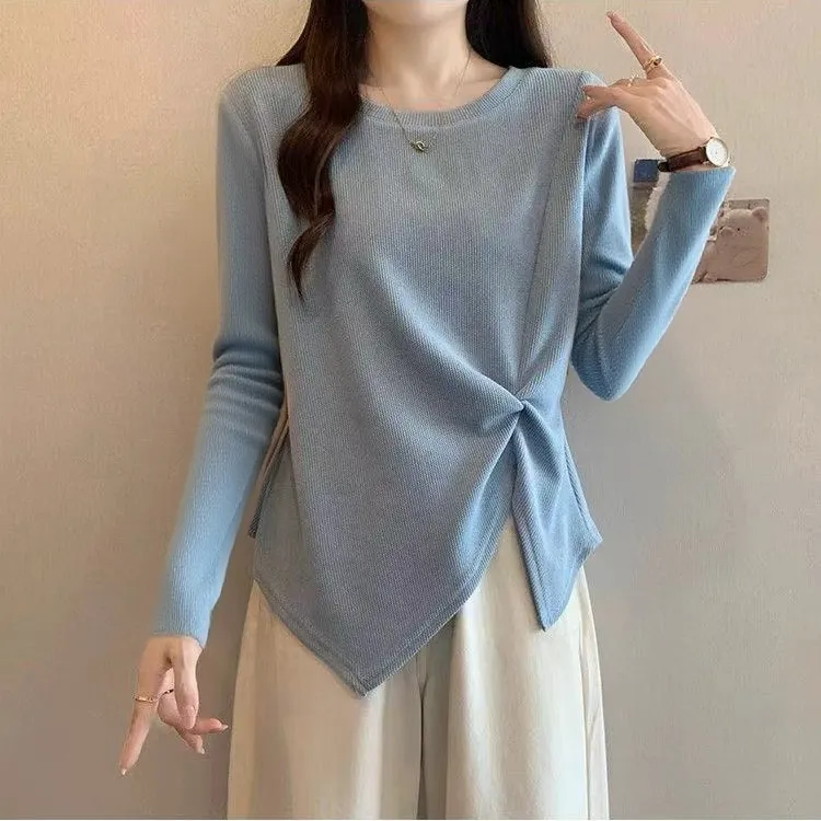 大码蓝色正肩t恤长袖女2025新款秋季胖mm不规则遮肚显瘦微胖上衣