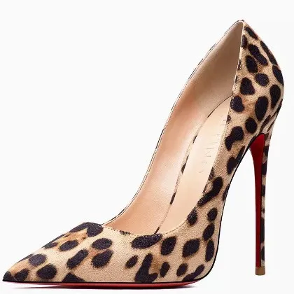 红底绒面豹纹高跟鞋女胖脚宽细跟尖头单鞋时尚性感浅口白搭女鞋44