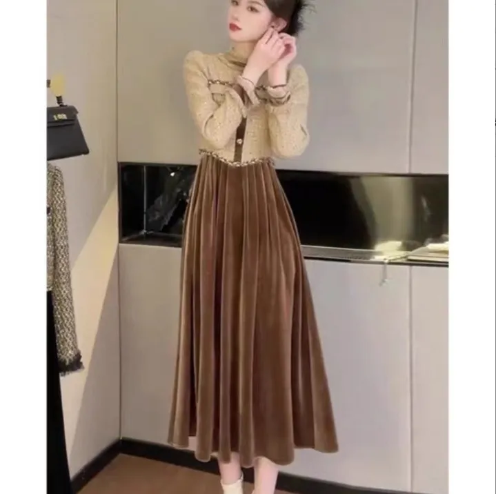 棕色拼接气质连衣裙2025新款女秋冬高级法式复古小香风假两件裙子