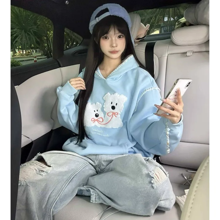 巧妹【广州华棉】薄款/加绒 刺绣毛绒连帽卫衣男女秋冬情侣外套