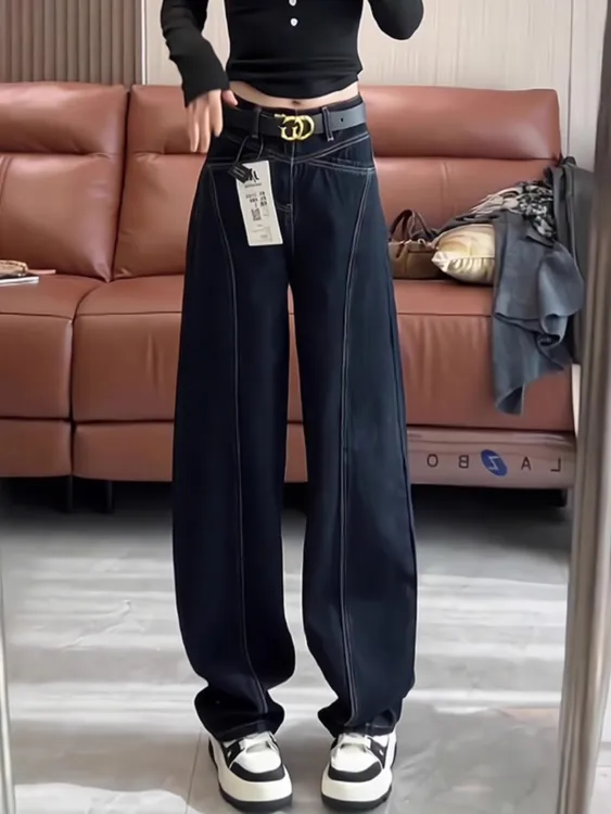 高腰显瘦2025年秋季新款宽松爆款深蓝牛仔裤女直筒时尚百搭弯刀裤