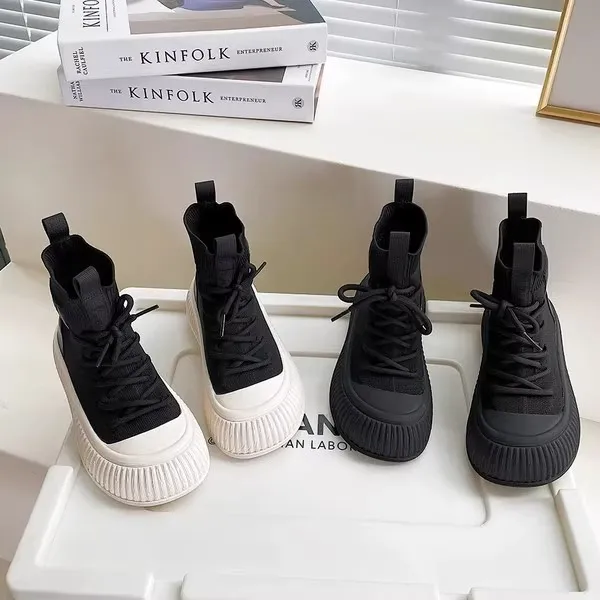 女童袜子靴春秋季2025新款弹力男童高帮洋气儿童短靴女孩黑色针织