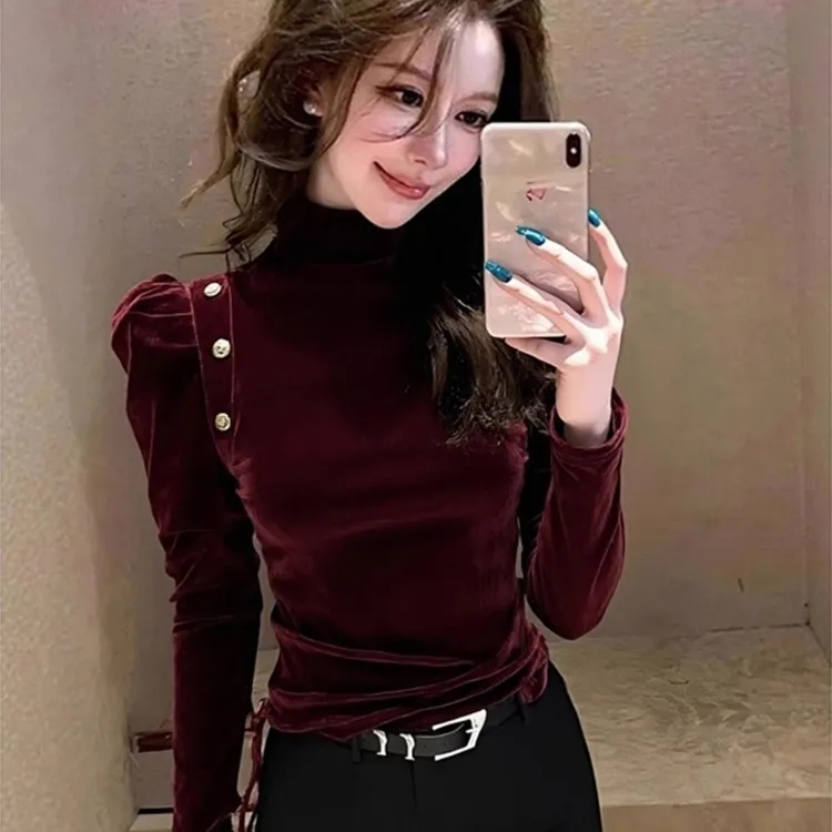 法式泡泡袖丝绒打底衫t恤女2025秋冬季新款洋气修身显瘦气质上衣