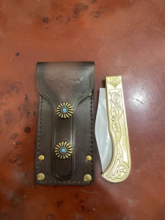 木垒纯手工折叠小黄刀夹钢材质头层牛皮刀鞘(未开刃,非管制刀具)