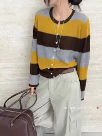 韩版时尚显瘦撞色条纹剪刀领开衫006