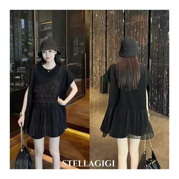 SG / 郭幂幂 SS 高货定制 刺绣假两件短袖蕾丝上衣T-20251559