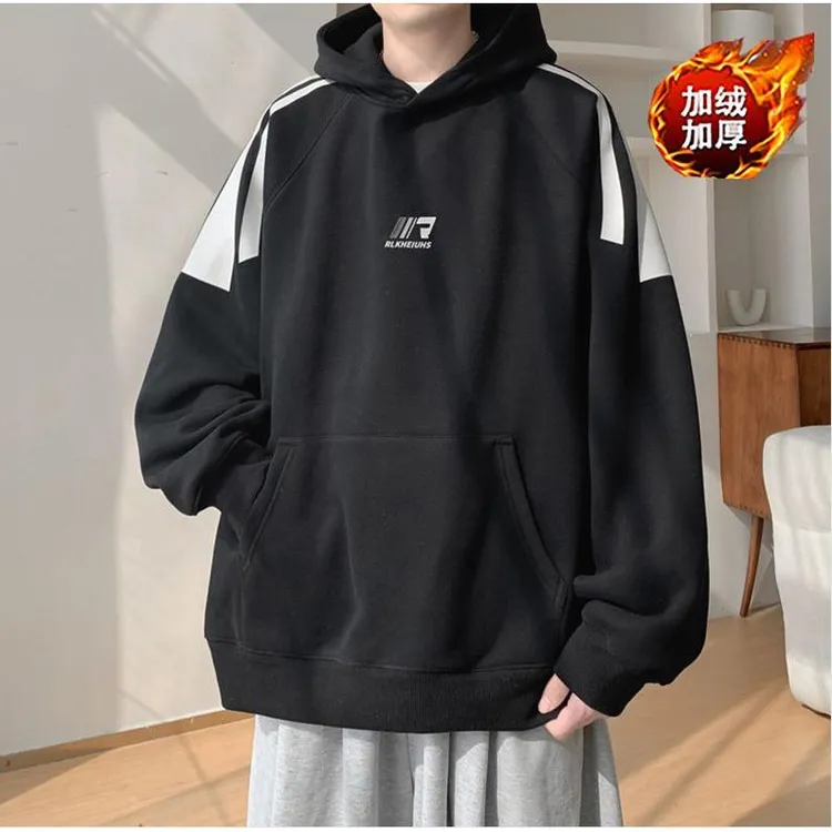 美式国潮复古三条杠加绒加厚连帽卫衣男冬情侣外套聚酯纤维青春流