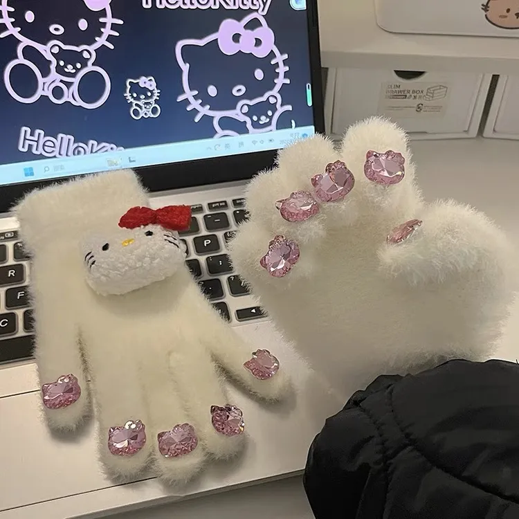 可爱KT闪钻手套女冬软糯糯毛绒手套加厚保暖学生棉手套学生加绒