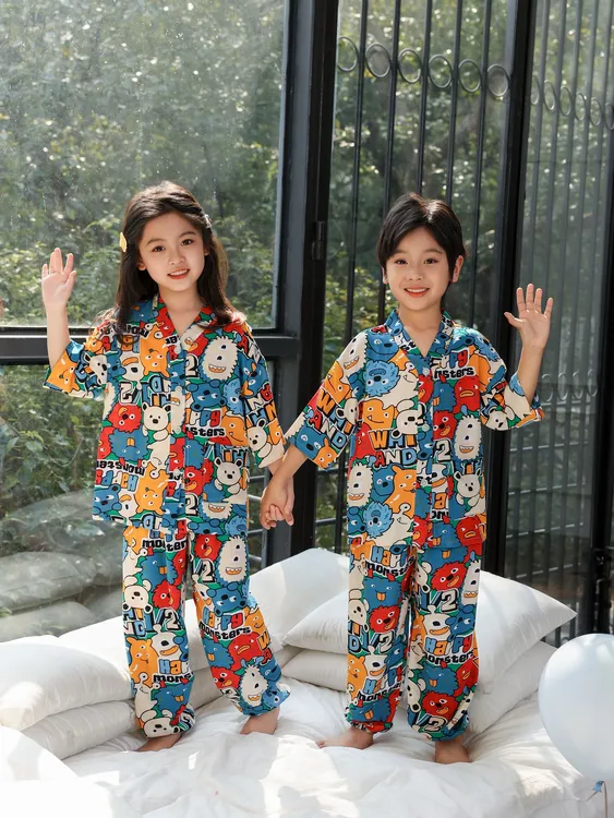 【亲子装棉绸长裤套装】夏季儿童款睡衣亲子灯笼裤绵绸套装睡衣儿童
