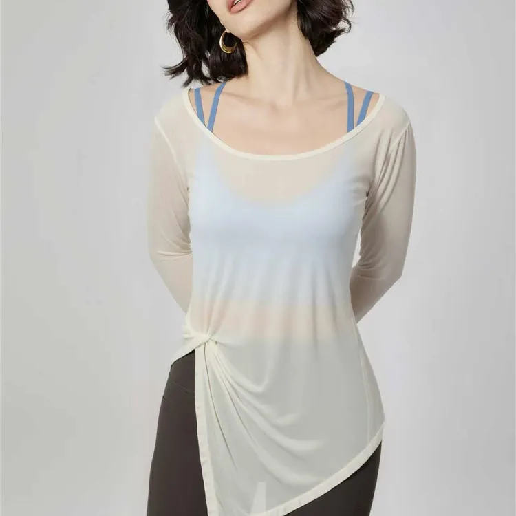 女士修身长袖透气薄款亲肤微透遮臀瑜伽罩衫T恤运动健身服