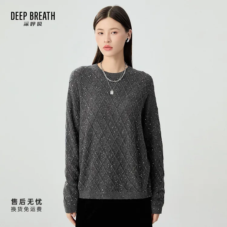 DEEP BREATH深呼吸女装新款圆领珠片长袖廓形套头针织衫A301674