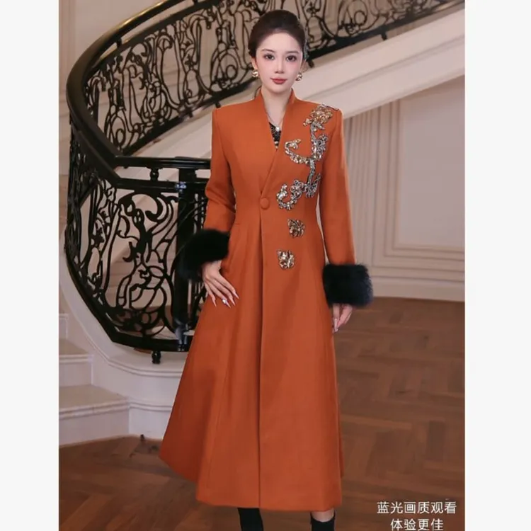【芙娜妮】2025秋冬定制爱玛橙中长款加厚气质女大衣外套FG2531062A