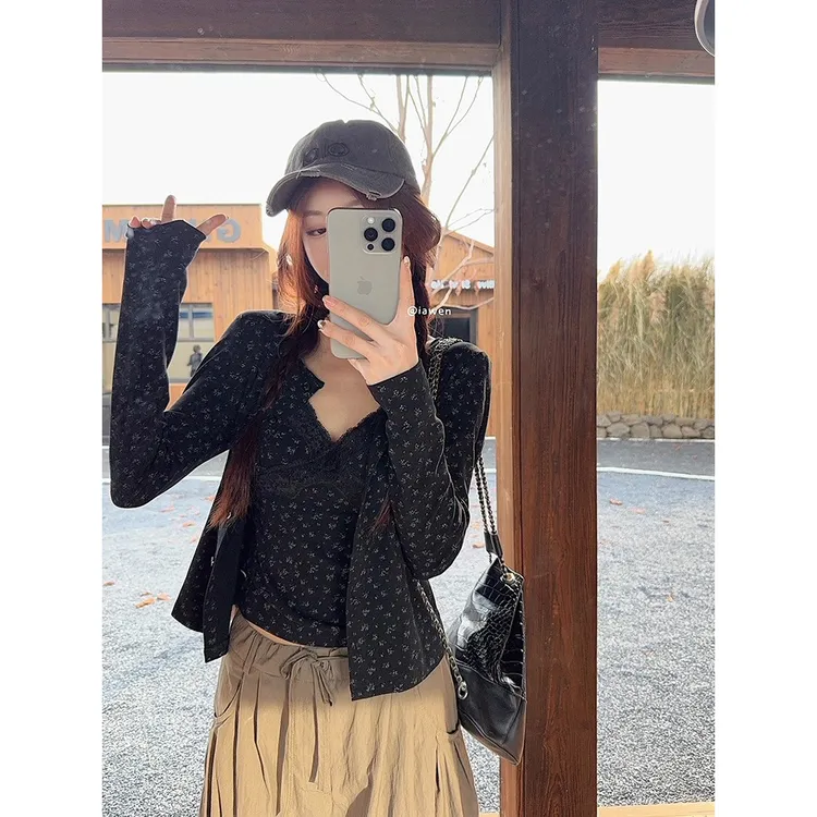 大码女装韩系蕾丝碎花修身吊带背心长袖开衫外套秋季新款胖mm套装