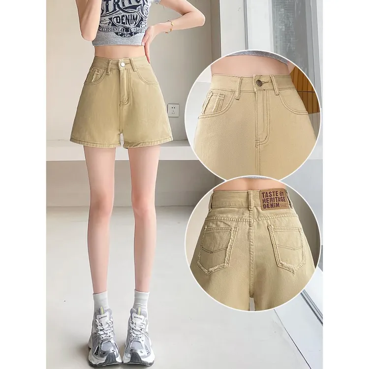 卡其色牛仔短裤女2025夏季薄款a字高腰宽松小个子毛边三分热裤子
