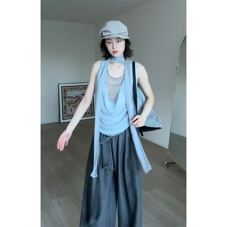 2025夏季新款女韩系穿搭假两件荡领无袖上衣气质高腰显瘦阔腿长裤