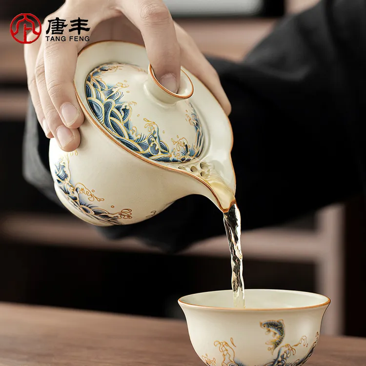唐丰米黄汝窑盖碗手抓壶茶杯家用一人饮用过滤泡茶壶单个高档茶具
