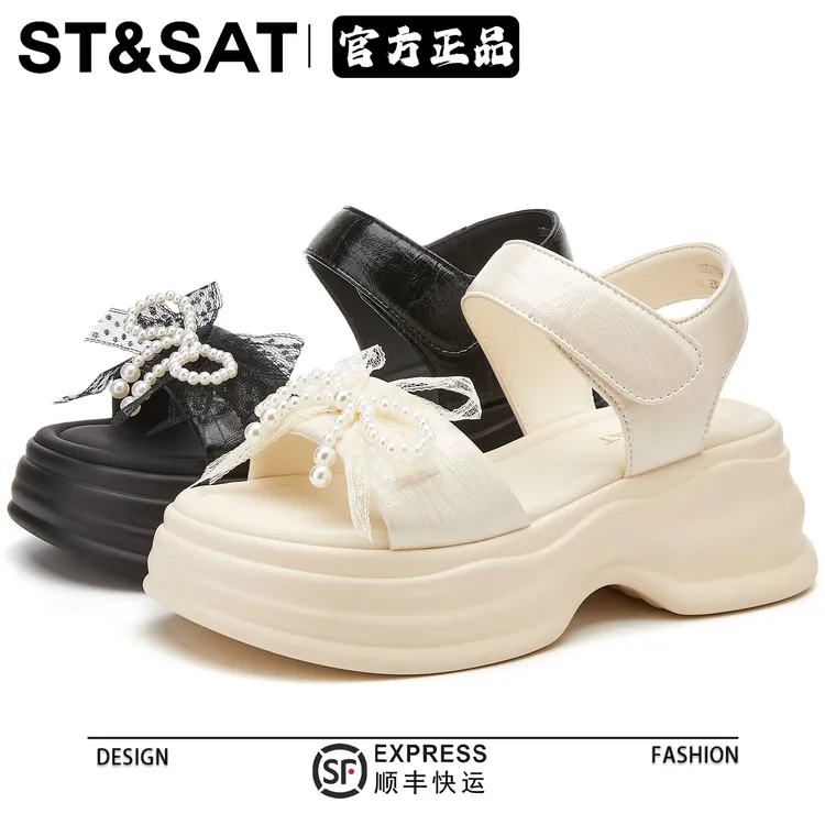 星期六夏季厚底女凉鞋2025新款时尚蕾丝珍珠蝴蝶结舒适松糕罗马鞋