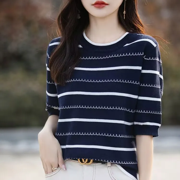 哥*弟正品新款纯棉洋气条纹无袖针织衫韩版薄款宽松上衣女装