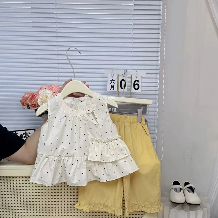 女童夏季套装2025新款儿童甜美夏装宝宝森系圆点无袖阔腿裤两件套