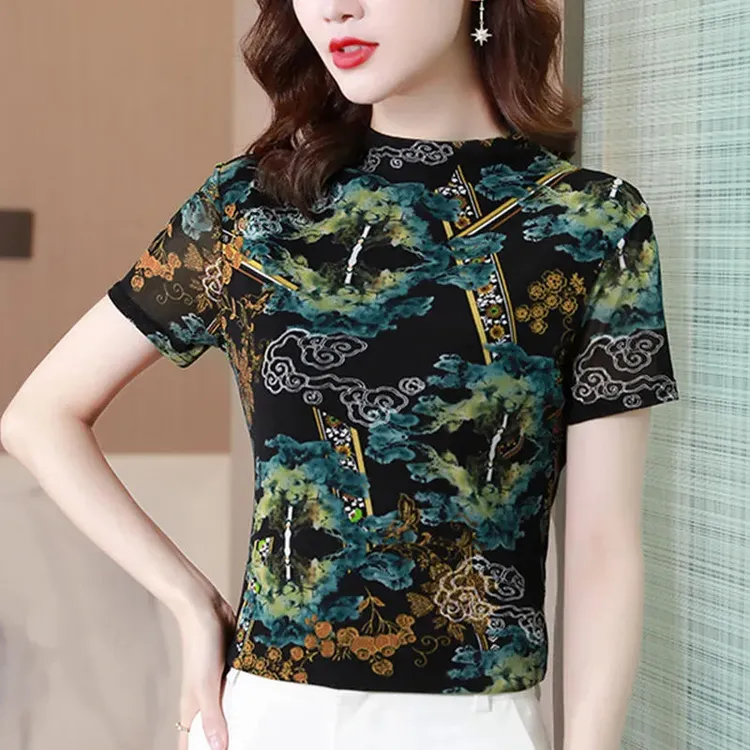 打底衫女短袖网眼夏季百搭T恤夏新款大码修身女士短袖上衣新款