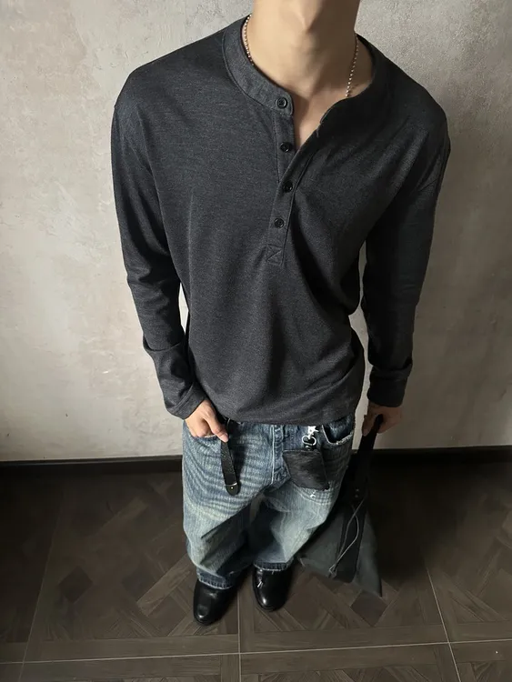 EME亨利领纯色休闲T恤立体剪裁宽松打底长袖"澳洲美利奴秋季长袖