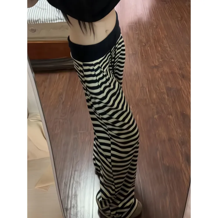 秋冬T恤修身短款内搭短袖上衣条纹休闲运动裤直筒阔腿裤拖地裤子