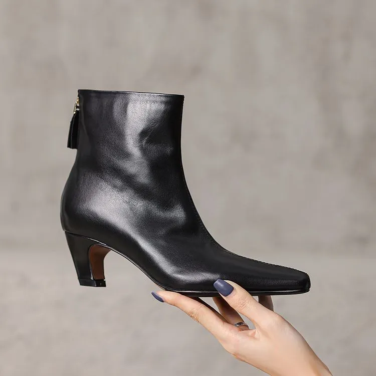 黑色粗跟靴子短靴高跟尖头秋冬女靴气质百搭真皮细跟方头爆款裸靴