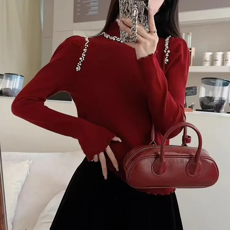 半高领针织打底衫毛衣女秋冬2025大码胖mm显瘦高级感重工钉珠上衣