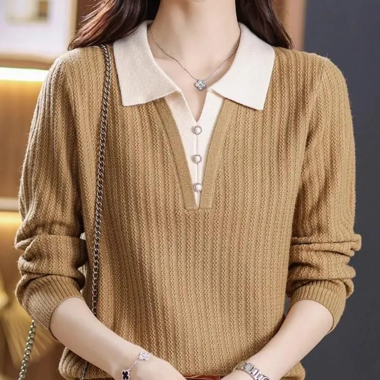 妈妈装假两件秋冬新款毛衣女长袖春秋款翻领洋气上衣针织打底衫女