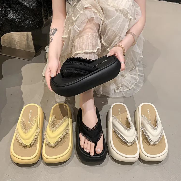 松糕厚底增高人字拖鞋女2025夏季新款蕾丝蕾丝边仙女设计感配裙子